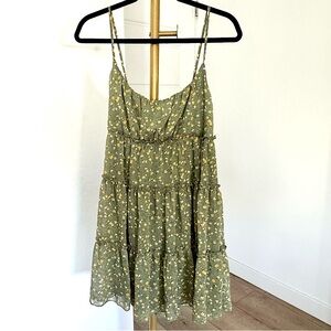 Women's‎ Lined Babydoll Tiered Green Cottagecore Dress Adjustable Straps  Size L